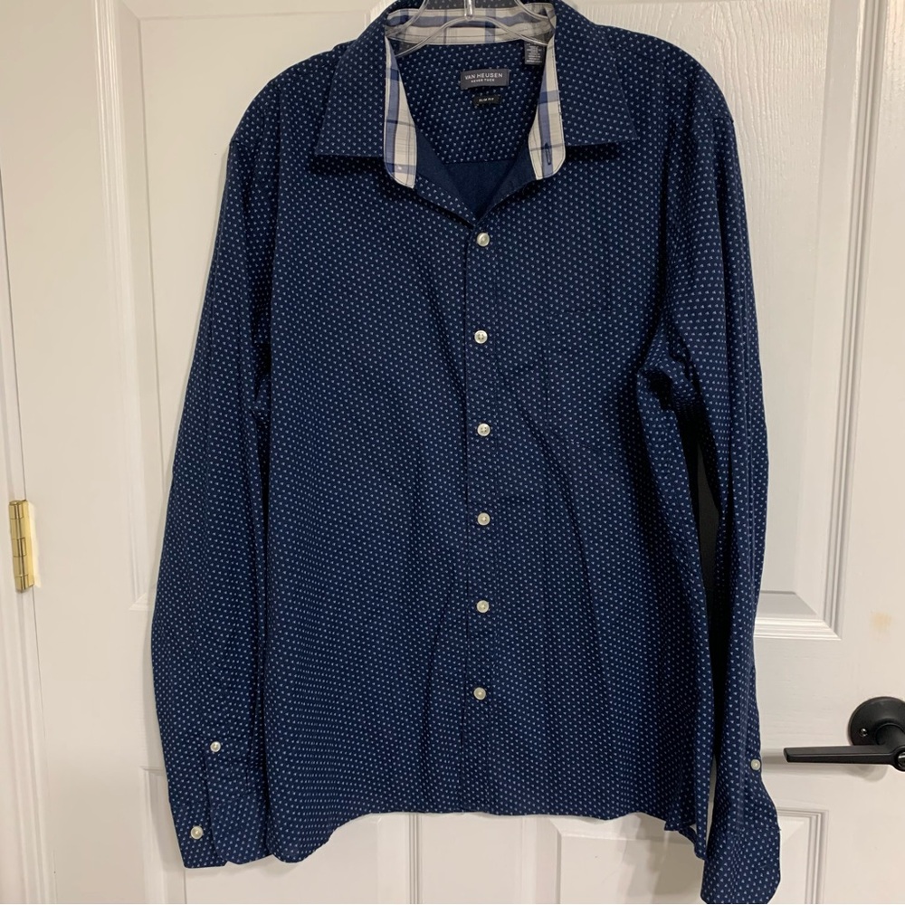 Van Heusen Never Tuck Navy Micro Dot Button-Down Shirt Slim Fit Large 16 - 16.5